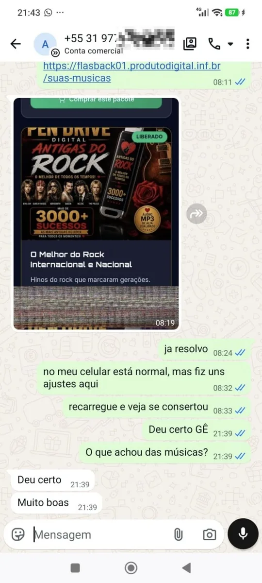 Cliente confirmando acesso: 'Deu certo, muito boas'