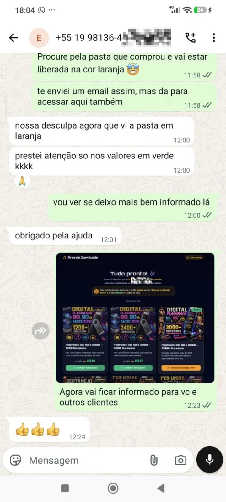 Cliente agradecendo o suporte após encontrar a pasta liberada em laranja