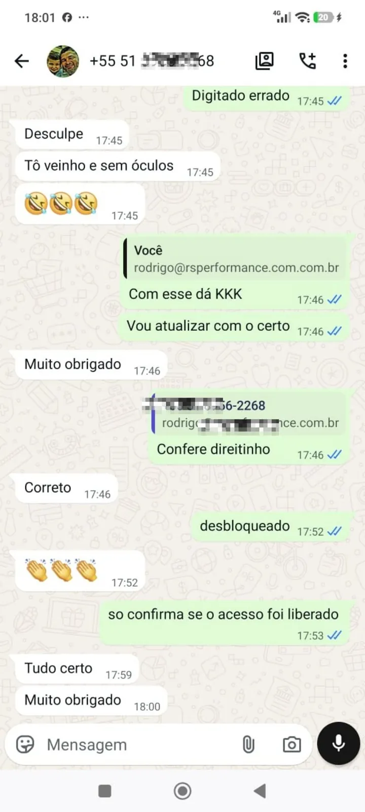 Cliente confirmando acesso liberado: 'Tudo certo, muito obrigado'