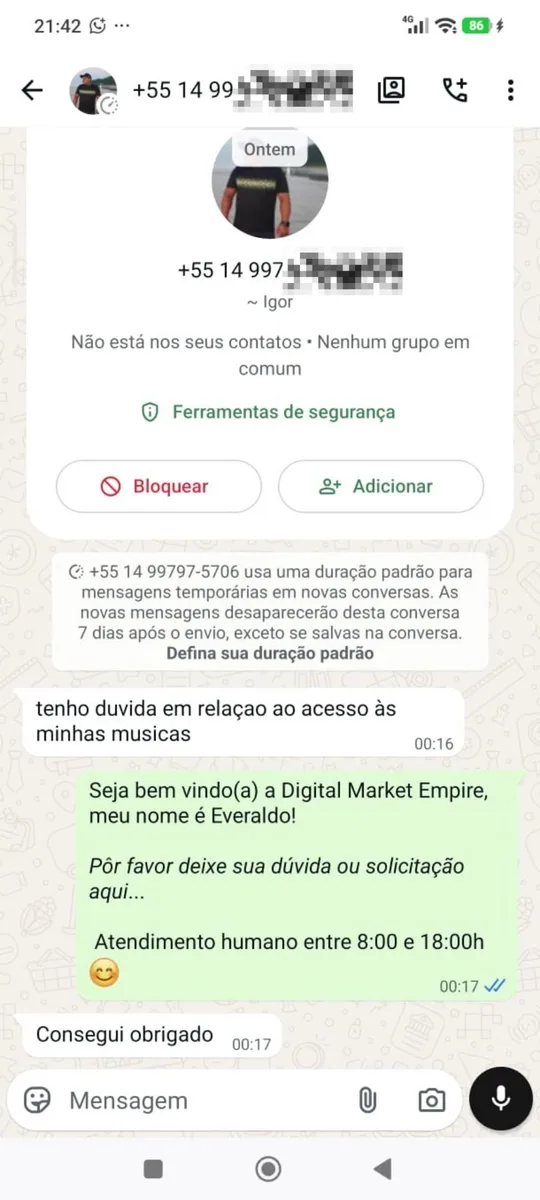 Cliente resolvido pelo suporte no WhatsApp
