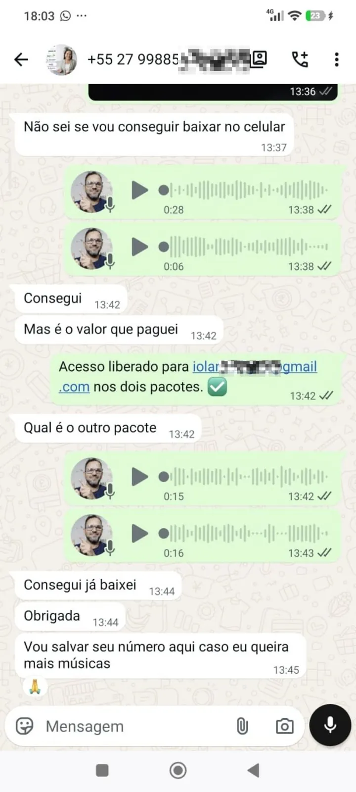 Cliente confirmando download nos dois pacotes: 'Consegui, já baixei. Obrigada'