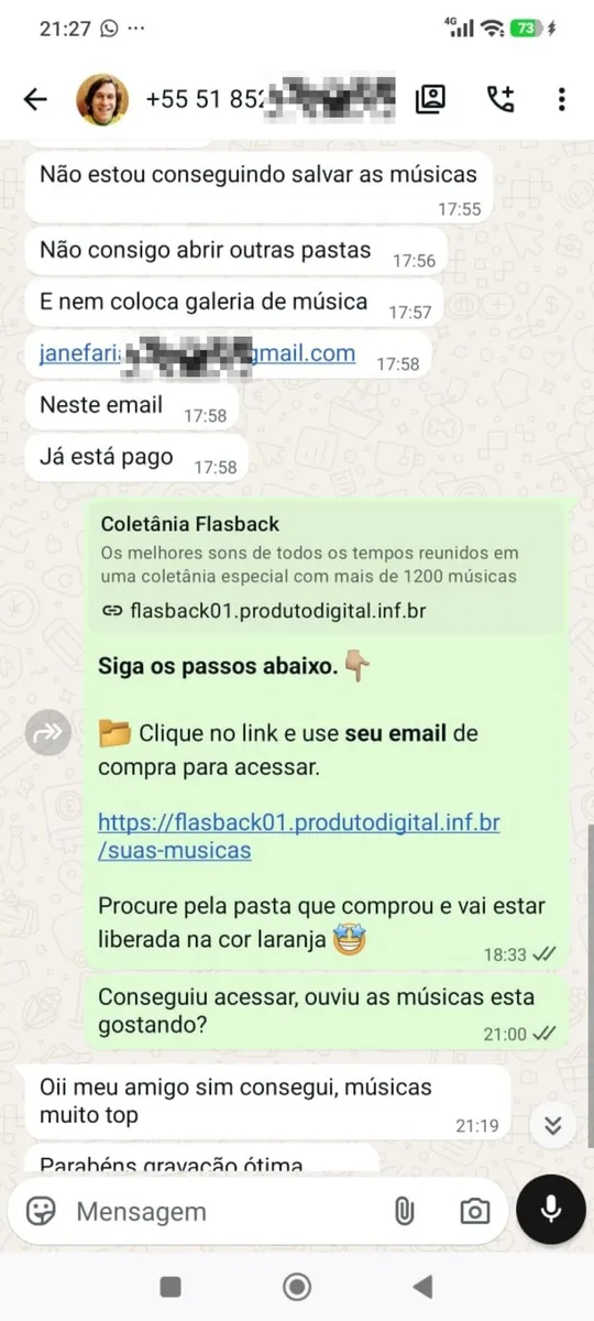 Cliente elogiando: 'músicas muito top, parabéns'