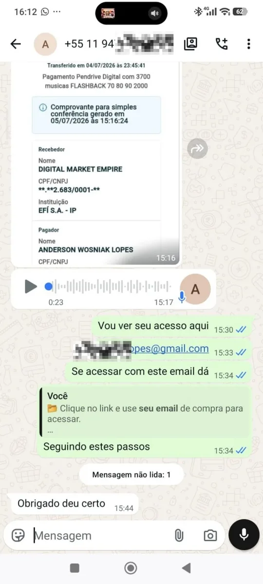 Cliente após compra: 'Obrigado deu certo'